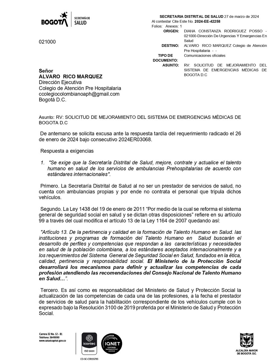Colegiocol_aph's tweet photo. por un mejor sistema de emergencias médicas Colombiano, esto responde la SDS @petrogustavo @MinSaludCol @Gerson_bermont   ;  no les interesa prevenir la mortalidad https://t.co/aThV65Rhym