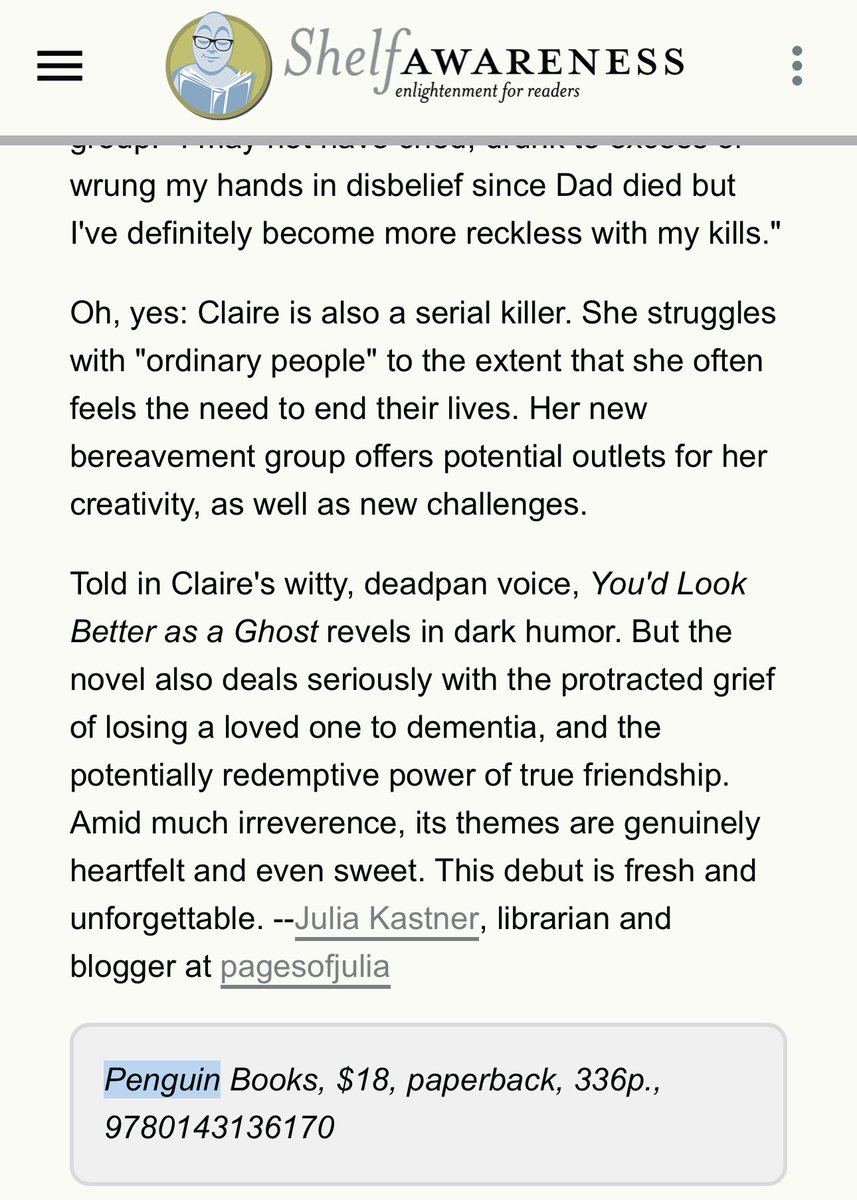 Brilliant to see ‘You’d Look Better as a Ghost’ included in a roundup of This Week’s Best Books from @ShelfAwareness - thank you! 🔨😁