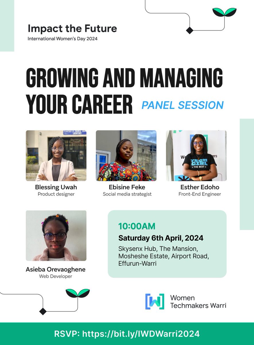 Meet the second set of speakers for International Women’s Day Warri 2024 A panel of speakers will share their experiences on career growth and management.✨ Join us to learn more about how @AbigailAsieba @Esther__Edoho @ebi_sineh @uwah_b are advancing in their careers.