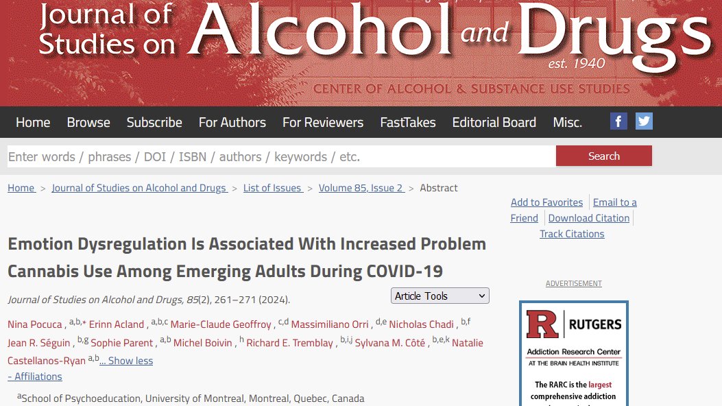 Emotion Dysregulation Is Associated With Increased Problem Cannabis Use Among Emerging Adults During COVID-19 (new in @JSADJournal 85/2) @MCGeoffroy @nicholaschadi @ErinnAcland @MassimilianOrri @NatCastRyan @DouglasResearch @CR_CHUSJ @ChuSteJustine jsad.com/doi/full/10.15…