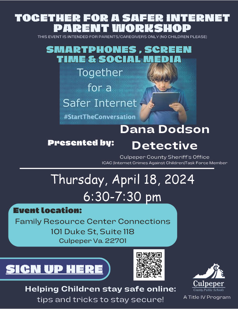 CCPS_FRC's tweet image. Our Internet Safety Workshop has been rescheduled! Come and join CCPS &amp;amp; Detective Dana Dodson, Thursday April 18th from 6:30-7:30pm to learn more about Internet Safety!