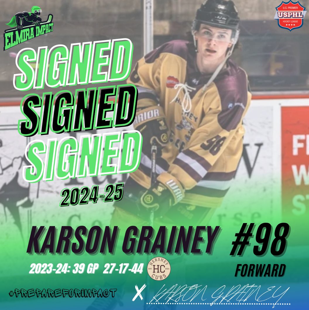 Welcome to the squad‼️ We’d like to announce our first new signing for the 2024-25 season, Karson Grainey! We can’t wait to see the Impact he makes in Elmira in his second USPHL Premier season. #PrepareForImpact💚💥 @USPHL