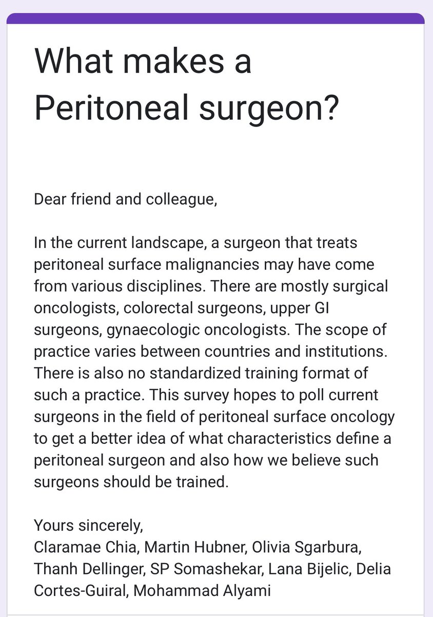 Dear PSM surgeons friends & colleagues This survey hopes to get a better idea of what characteristics define a peritoneal surgeon and also how we believe such surgeons should be trained. We appreciate v much your time and answer🙏🏻 docs.google.com/forms/d/e/1FAI…