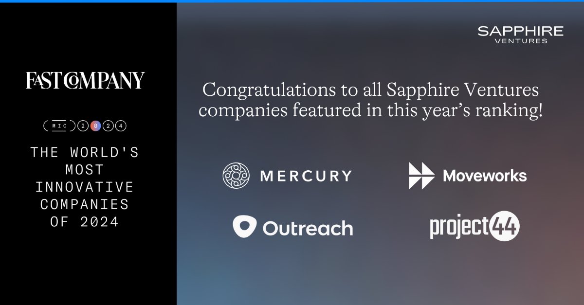 Congrats to @SapphireVC portfolio companies featured in @FastCompany annual ranking of The World’s Most Innovative Companies! 🏆@Mercury: For rescuing startups amid SVB’s collapse 🏆@Moveworks: For supporting companies with no-code AI tools 🏆@Outreach: For being a salesperson’s…