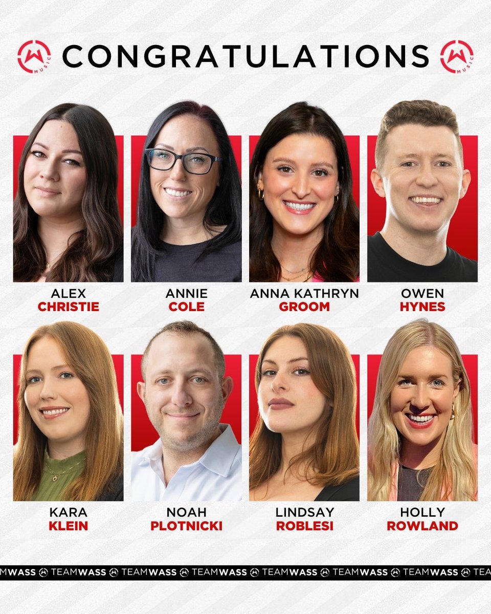 We're proud to announce the promotions of eight members of the #WassMusic team to Agent and Touring roles across departments.

Congratulations to our newly promoted team!
Alex Christie – Agent
Annie Cole – Manager, Touring
Anna Kathryn Groom – Manager, Brand Partnerships
Owen
