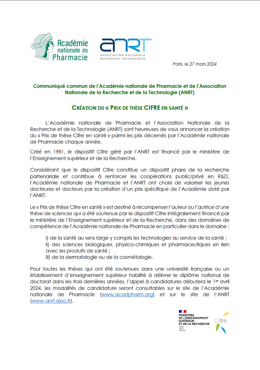 [#Communiqué📣] Pour valoriser les jeunes #docteures et #docteurs qui ont fait une thèse #Cifre, l'<a href="/AcadPharma/">Académie nationale de Pharmacie</a>  et l'<a href="/AssoANRT/">AssoANRT</a>  sont heureuses de vous annoncer la création du "Prix de thèse CIFRE en santé" 🏆 !