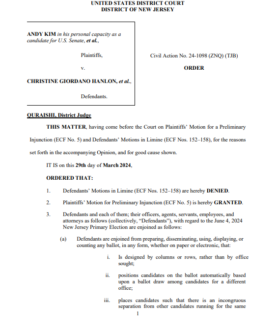 wildstein's tweet photo. To be clear, Judge Zahid Quraishi's order for office block ballots includes all offices, including the county committee. No lines or columns. https://t.co/smctsqS9DC
