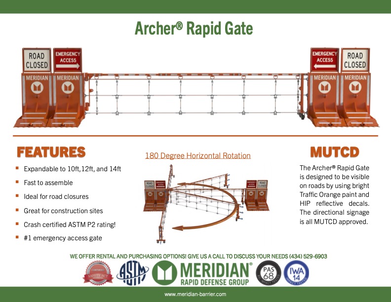 meridianbarrier's tweet photo. We have unprecedented interest in our Archer Rapid Gate. Reach out today for a demo in your area. #vehiclebarriers #roadclosures #emergencyaccess https://t.co/lcOqj26dOf