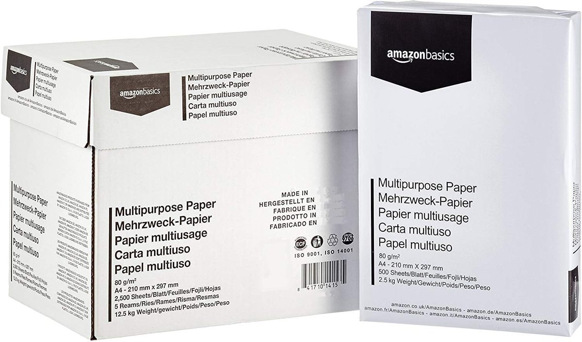 Amazon Basics Druckerpapier, DIN A4, 80 g/m², 2500 Stück, 5 Packungen mit 500, Weiß amzn.to/4cvnbvH via @amazon