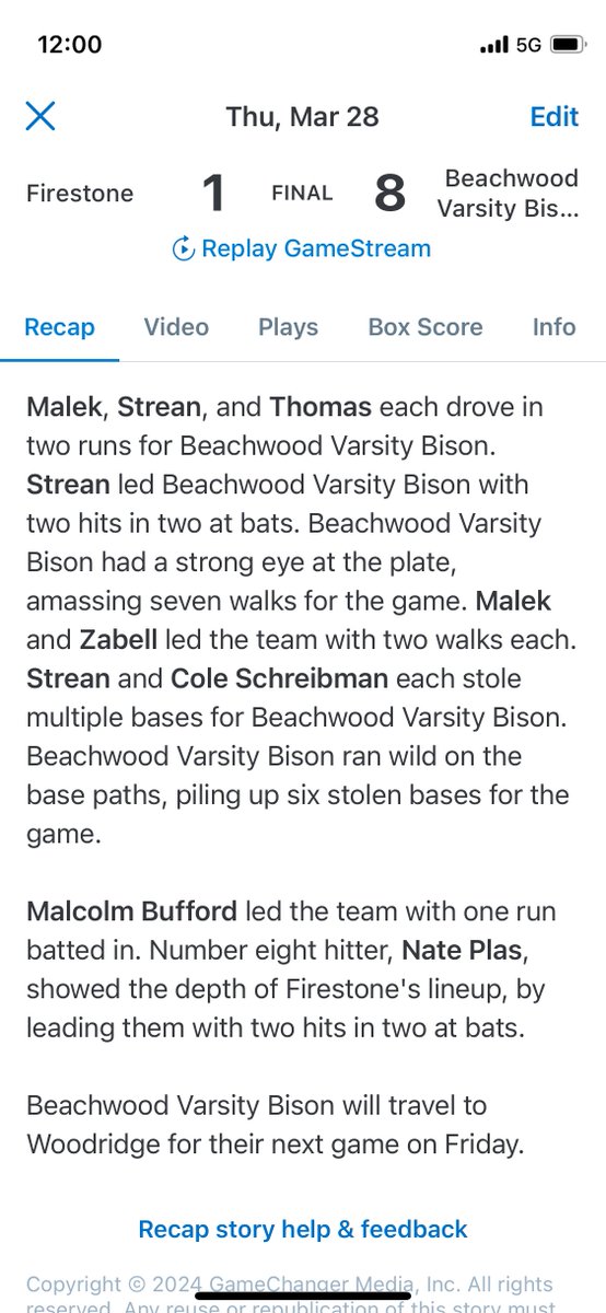 Bison Varsity Baseball get the first win of the season yesterday 8-1 over Firestone. Fantastic outting by Rosenblitt, with 14 K’s. Offense came alive in bottom of 6th w/ 2 outs to break the game open. Recap below: