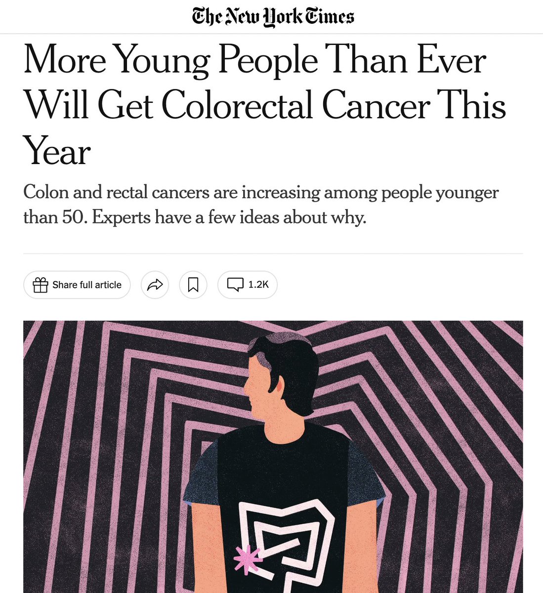 As much as I can't stand this statistic, it is really important it is getting major media attention. Thank you to the @newyorktimes for sharing #colorectalcancerawareness