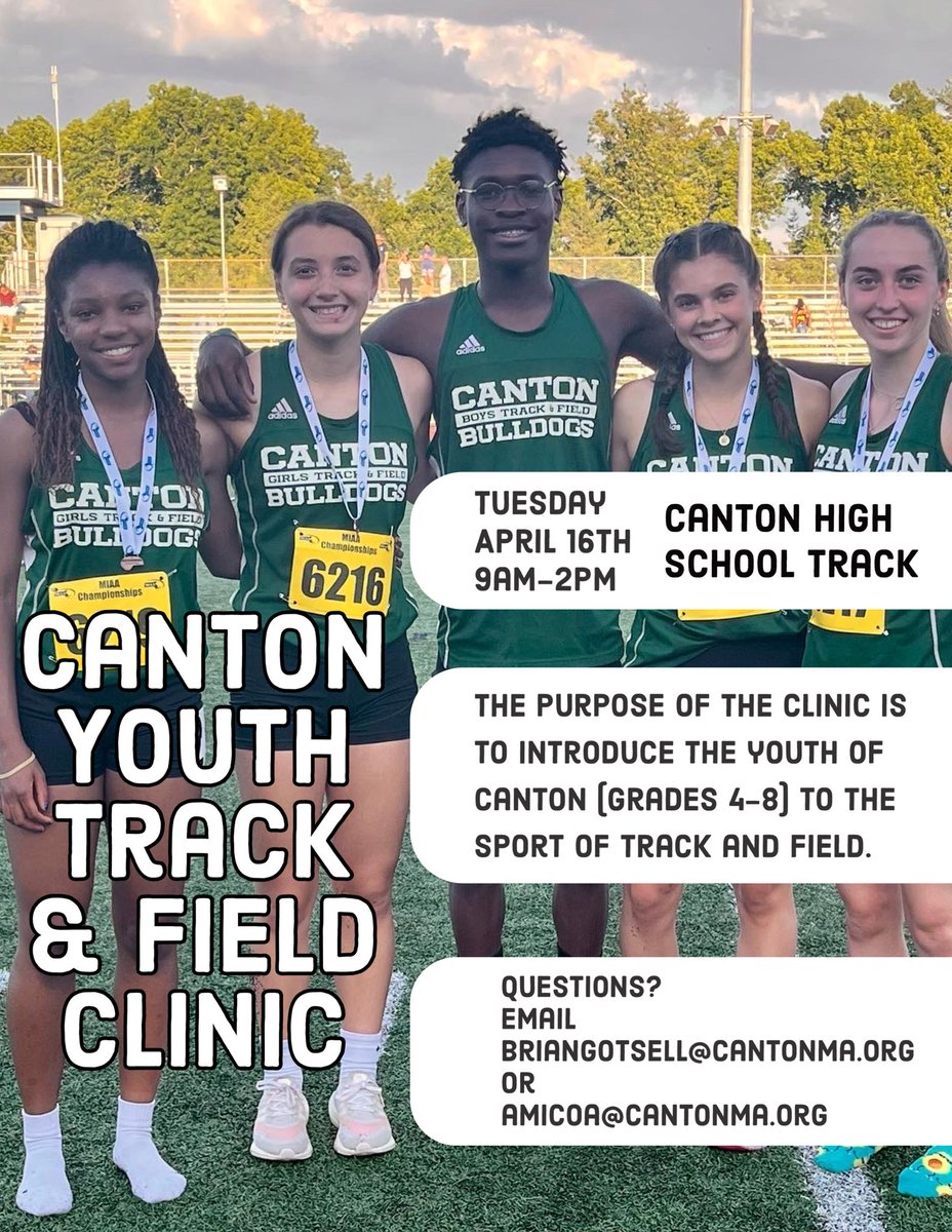Looking for a fun April Vacation activity for your kids? Look no further! The 2nd annual CHS Track and Field Clinic on April 16th is a great introduction to a fun sport! More information and sign up link below sites.google.com/cantonma.org/c…