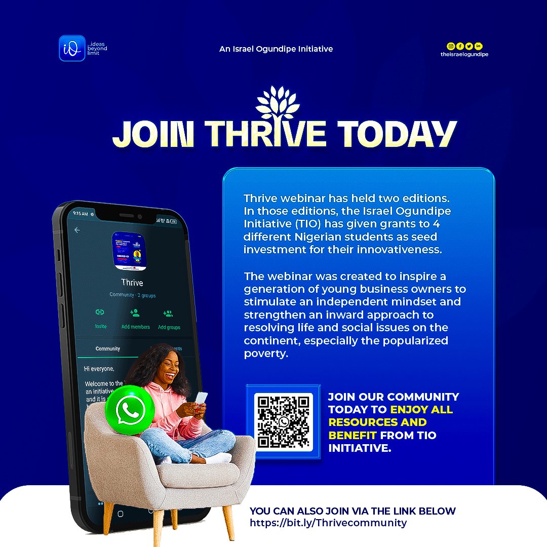 _IsraelOgundipe's tweet photo. Ready to join a community that's all about growth and empowerment? Look no further!
Join the Thrive Community, brought to you by the Israel Ogundipe Initiative, and let's embark on this journey together.
Your future starts here! 🚀
#ThriveCommunity
#TIO
#Innovation
#Thrive https://t.co/8FWUCUUotC