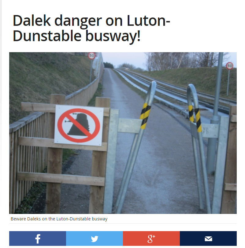 Spotted in the archives - Daleks on the Luton-Dunstable busway.
Except the sign is backwards - Daleks are the only ones that can get through these anti-human barriers.
#BashtheBarriers