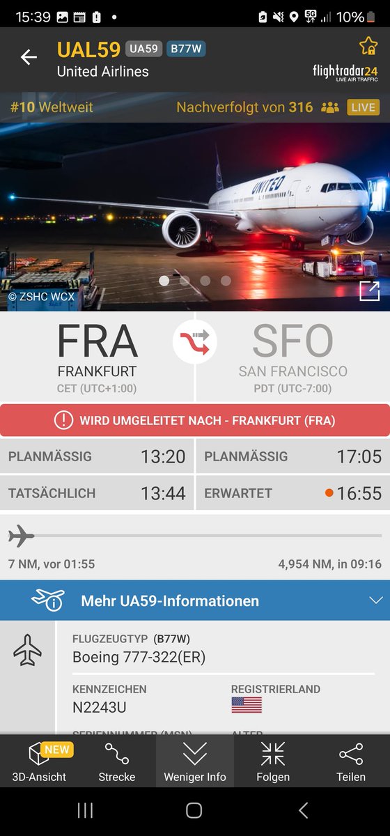 hessencamba's tweet photo. #Flight #UA59 #FRA-#SFO 29.03.2024 diverted back to #Frankfurt and #firefighters, #ambulance, #police and #airportsecurity expected the #B777 at runway 25L.

No visible irregularities from my view.

#UnitedAirlines https://t.co/sclxMWiUZu