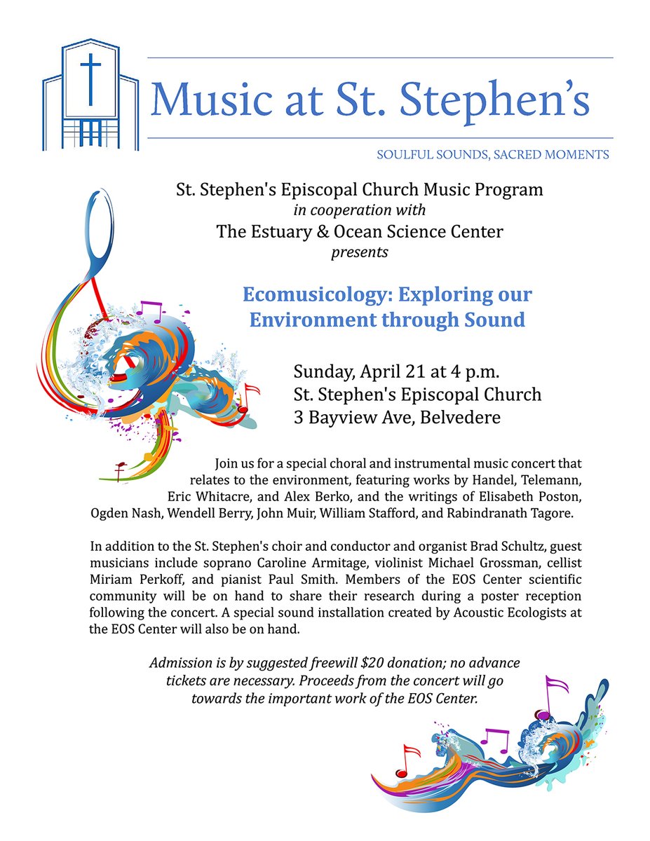 Anne Simonis (@annelistens) on Twitter photo Announcing an Ecomusicology concert and fundraiser for the <a href="/EOS_Center/">Estuary&OceanScienceCtr</a>.
St Stephen's church is an acoustic gem in the Bay Area, and this will be a very special event! #Belvedere @OtherMindsSF Announcing an Ecomusicology concert and fundraiser for the <a href="/EOS_Center/">Estuary&OceanScienceCtr</a>.
St Stephen's church is an acoustic gem in the Bay Area, and this will be a very special event! #Belvedere @OtherMindsSF
