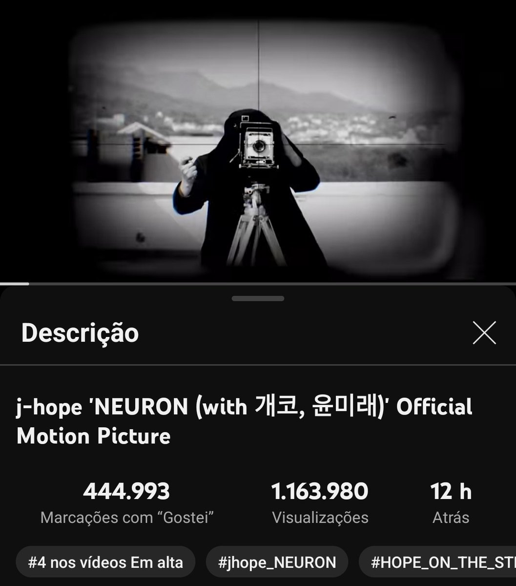 🎥| ‘NEURON’ (with Gaeko, yoonmirae) Official Motion Picture O MV de NEURON ultrapassou 1 milhão de visualizações no YouTube. Continuem transmitindo! 🔗(youtu.be/z4Rg_VgOlJU?si…) #jhope_NEURON #HOPE_ON_THE_STREET #HOPE_ON_THE_STREET_VOL_1