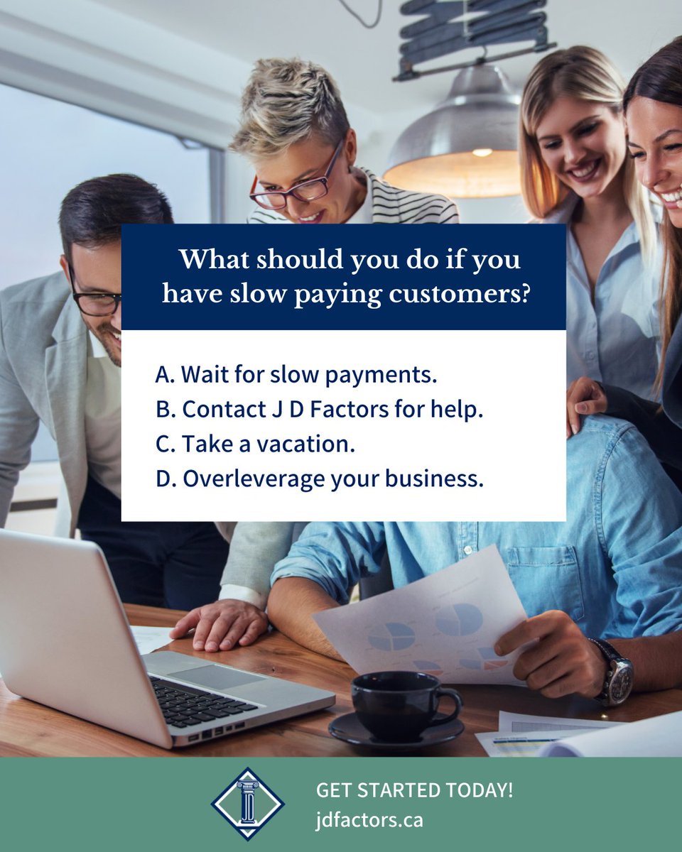 JDFactors's tweet image. What should you do if you have slow paying customers? 😨

A. Wait for slow payments.
B. Contact J D Factors for help.
C. Take a vacation.
D. Overleverage your business.

#Factoring #Accountsreceivables #BusinessTips #Businessgrowth