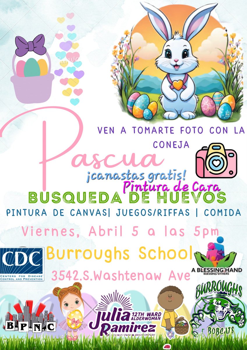 Easter Egg Hunt 🐰 Join BPNC, the 12th Ward, and Burroughs Elementary for an Easter Egg Hunt on Friday, April 5th at 5pm. Come enjoy a fun afternoon filled with painting, games, raffles, and even take a picture with the Easter Bunny.