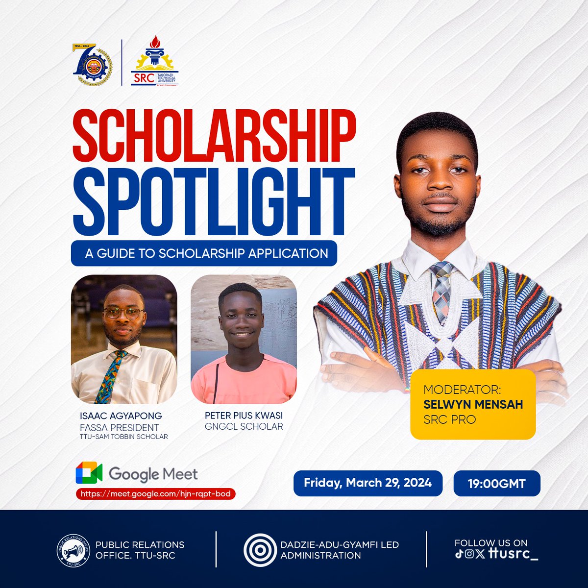 Join us tonight, 𝘢𝘵 7:00pm as we discuss the application processes of Ghana Has Scholarship and the TTU-Sam Tobbin Scholarship. Don't miss out! Join the discussion via meet.google.com/hjn-rqpt-bod and get your burning questions answered.