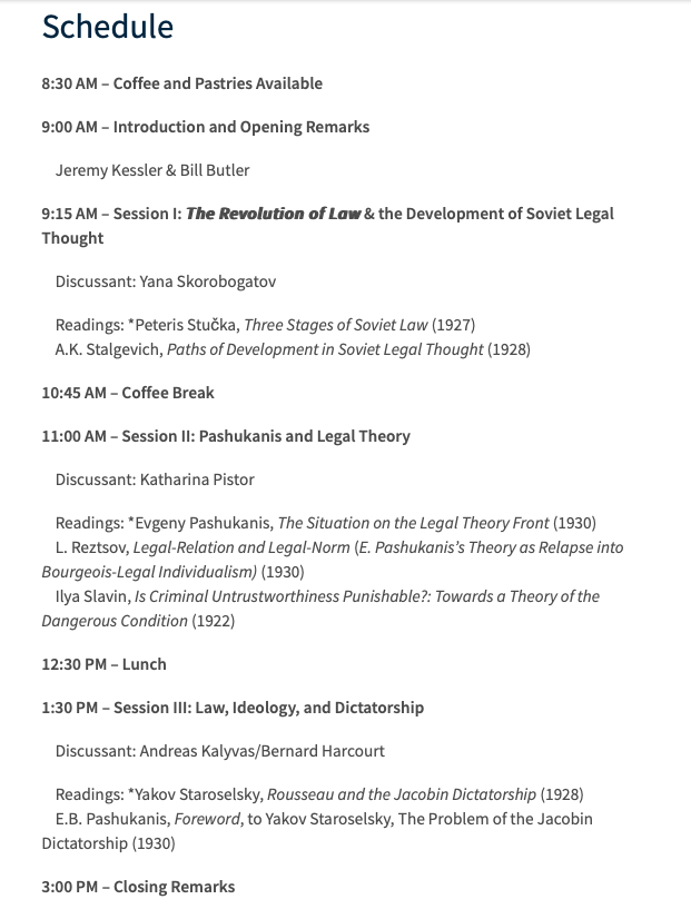 Coming up @ColumbiaCCCT on Fri. April 5: Full day workshop on Pashukanis and the Revolution of Law with new translations by @rafkhach and Igor Shoikhedbrod, comments by @yanareads, Jeremy Kessler, Katharina Pistor, and Andreas Kalyvas. Info and RSVP here: cccct.law.columbia.edu/content/revolu…