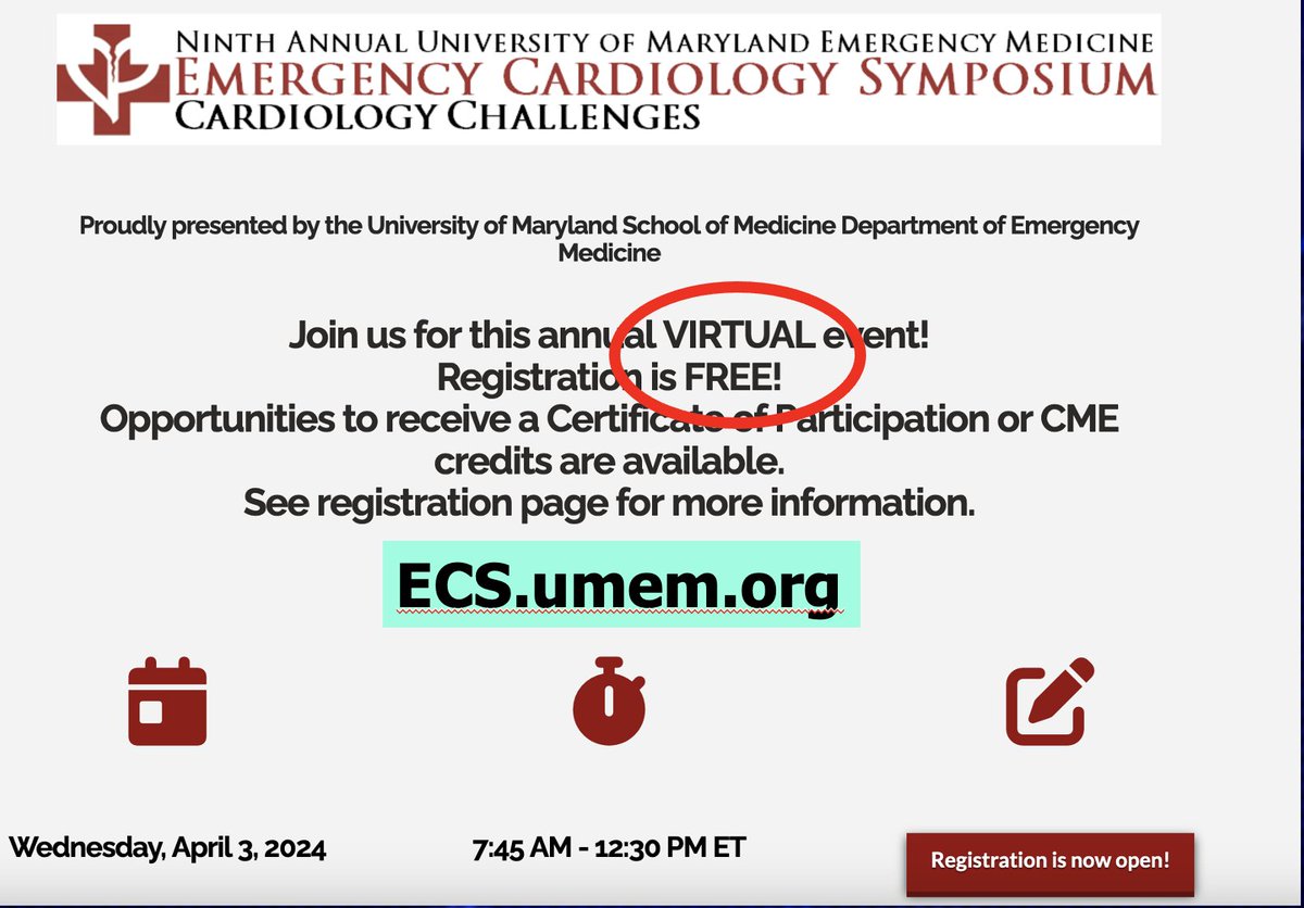 Just a few days remaining before UMEM's 9th Annual Emergency Cardiology Symposium. FREE virtual conference, but must register at ECS.umem.org to get access to the livestream OR recorded lectures to watch later #FOAMed Wednesday April 3 7:45am-12:30pm ET