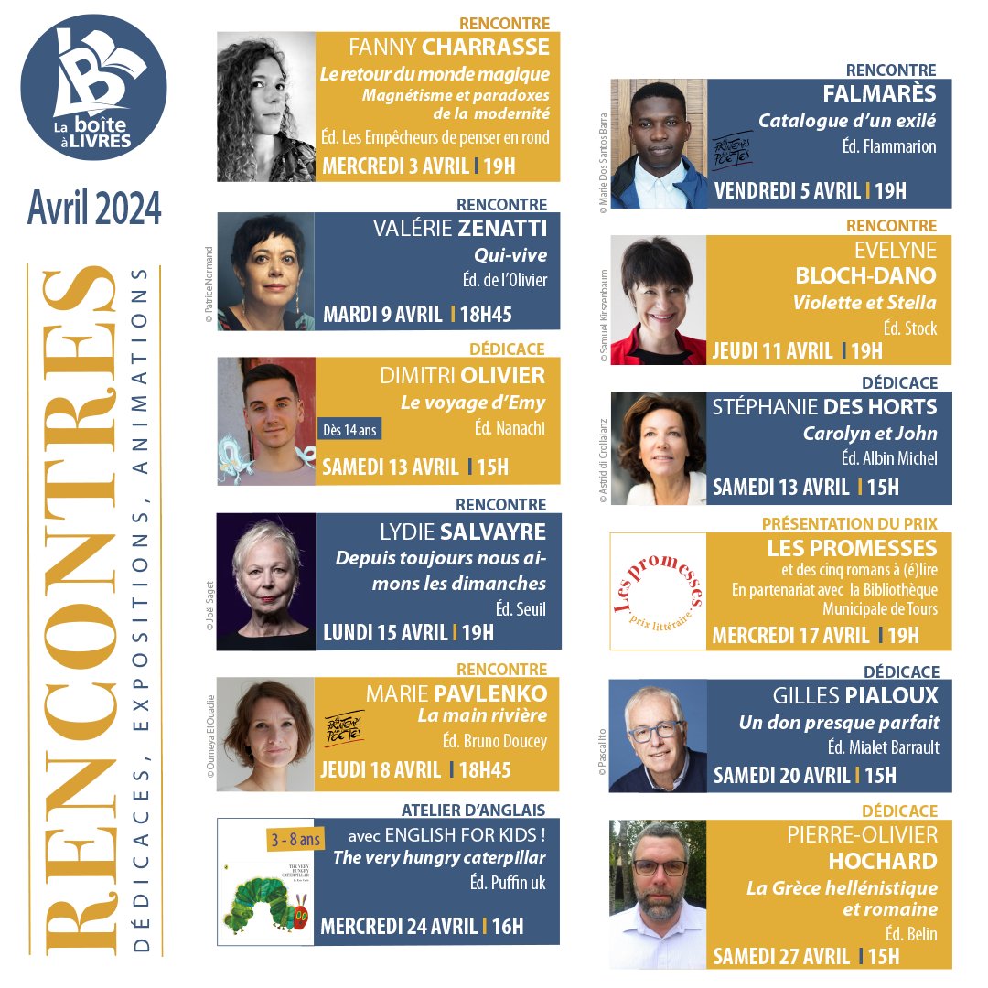 { ÉVÉNEMENTS - AVRIL 2024 } 
Voir le programme complet (.pdf) : tinyurl.com/muv98cek
<a href="/EditionsduSeuil/">Éditions du Seuil</a> <a href="/Ed_LaDecouverte/">Éditions La Découverte</a> <a href="/Ed_Flammarion/">Editions Flammarion</a>
<a href="/EdLolivier/">Éditionsdel'Olivier</a> <a href="/EditionsStock/">Éditions Stock</a> <a href="/AlbinMichel/">Albin Michel</a> Nanachi
<a href="/EdBrunoDoucey/">Éditions Bruno Doucey</a> Belin <a href="/MialetBarrault/">Mialet-Barrault Éditeurs</a> <a href="/PuffinBooks/">PuffinBooks</a>
boitealivres.com