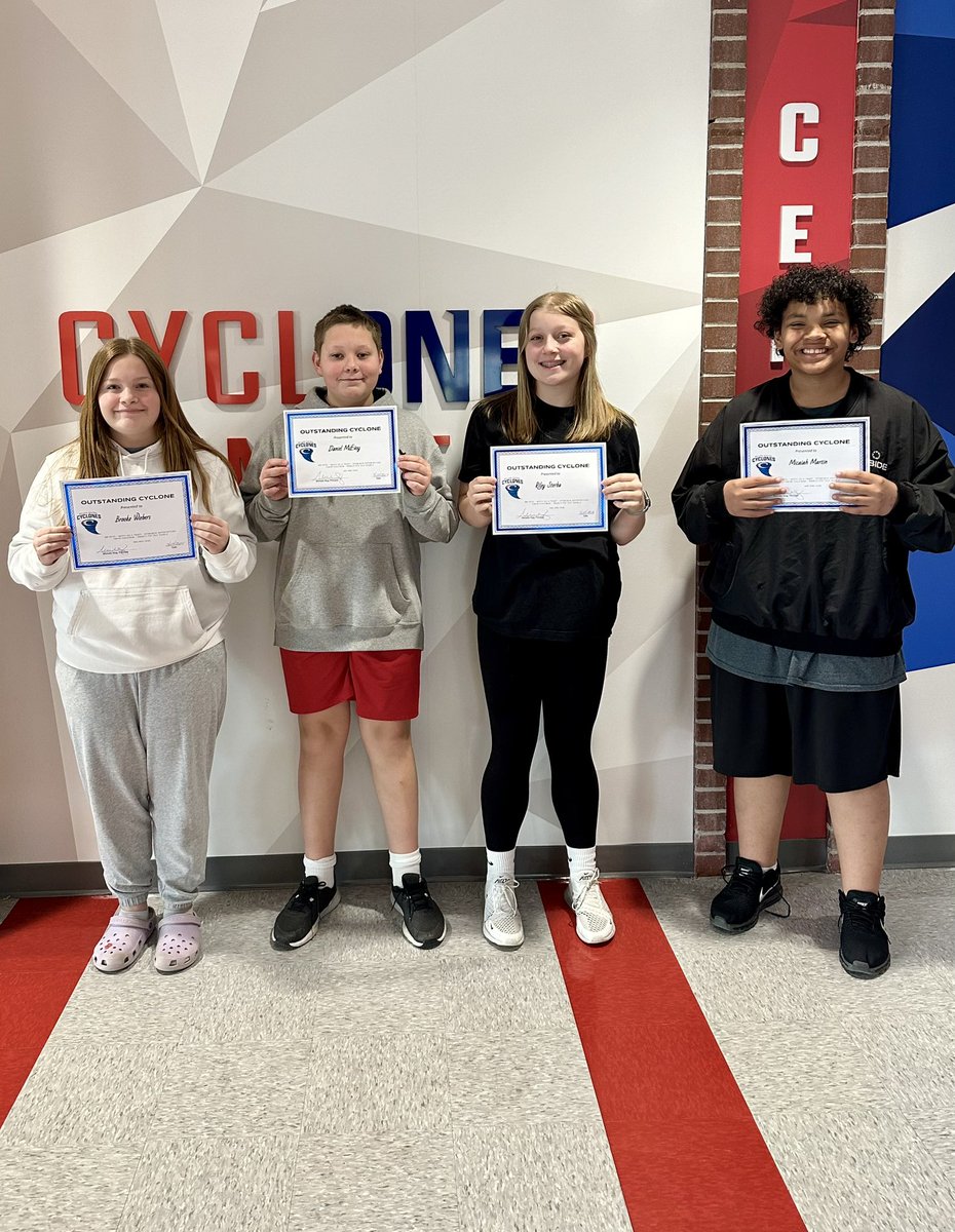 Congratulations to this week’s Outstanding Cyclones! They are recognized for their hard work in the classroom and the positive leadership they bring to our building! #cyclONEsUnited