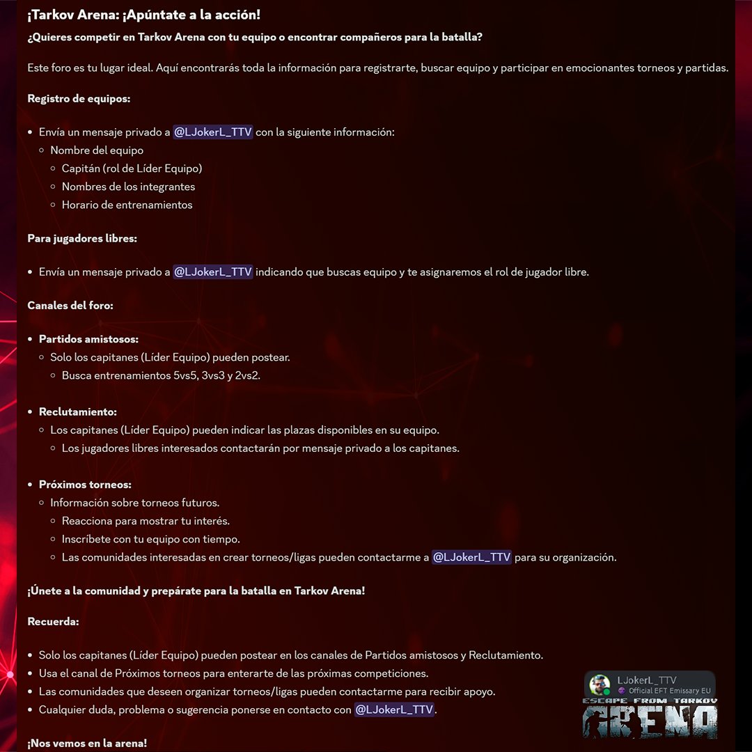 ¿Tienes un equipo competitivo o quieres montar uno?

Con esta iniciativa de <a href="/LJokerL_Ttv/">Jose Manuel Sabaris</a>  solo tendrás que seguir los pasos para formar parte de la escena competitiva de EFT:Arena.

Únete:discord.gg/escape-from-ta…

#arena <a href="/tarkovarena/">Escape from Tarkov: Arena</a> #esport <a href="/Tarkov_Espana/">Escape from Tarkov España</a> @Tarkov__ES <a href="/EFTHispano/">Escape from Tarkov Hispano</a>