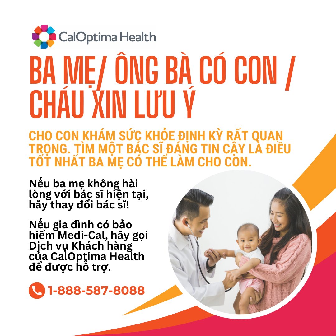 CalOptima's tweet image. Having a doctor you are comfortable with is one of the best things you can do for your child’s health. If you want to change your child’s doctor, you can! Call CalOptima Health Customer Service at 1-888-587-8088 for help.⁣
⁣
#MediCal #ChooseYourDoctor #WellChildVisits