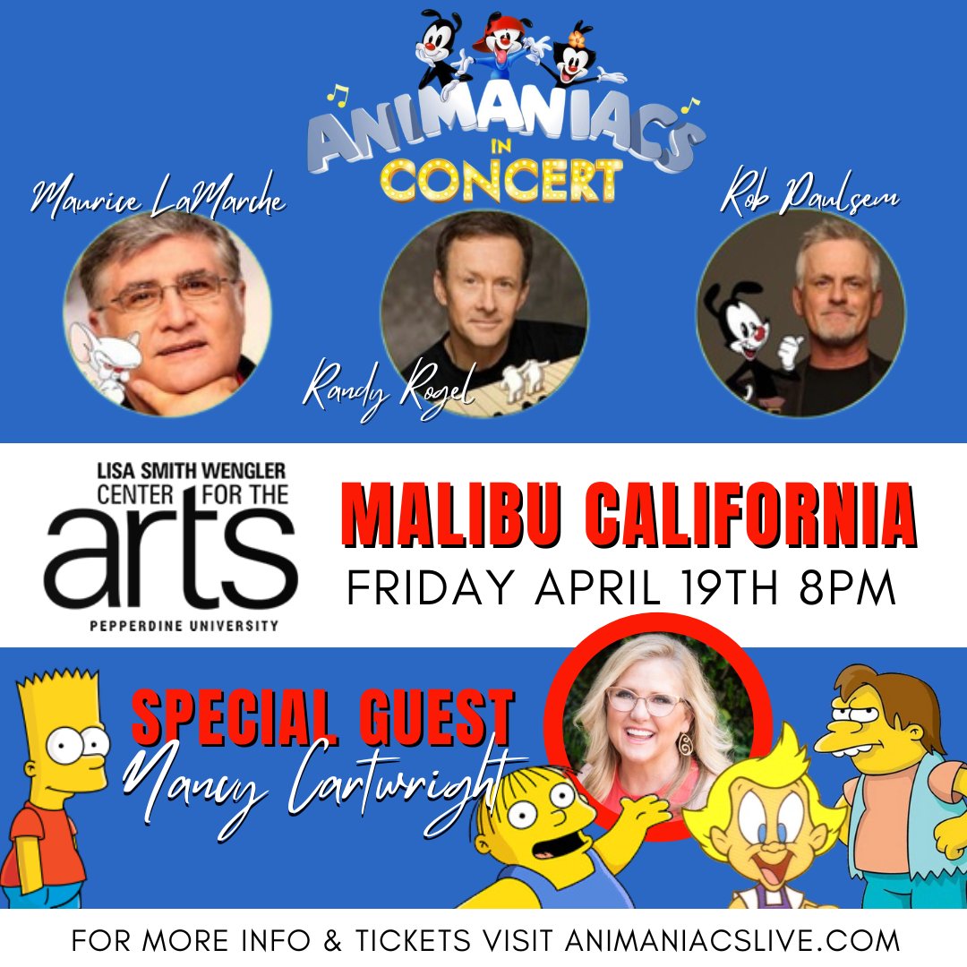 Animaniacs In Concert (@animaniacscncrt) on Twitter photo 📍 Malibu, CA! We’re coming your way Friday, April 19th with a VERY VERY special guest <a href="/nancycartwright/">Nancy Cartwright</a>!!
❤ Tag your local Animaniacs and Simpsons fans!!
🎟️Grab tickets for you and your crew HERE-> bit.ly/4aerg5L.. 📍 Malibu, CA! We’re coming your way Friday, April 19th with a VERY VERY special guest <a href="/nancycartwright/">Nancy Cartwright</a>!!
❤ Tag your local Animaniacs and Simpsons fans!!
🎟️Grab tickets for you and your crew HERE-> bit.ly/4aerg5L..