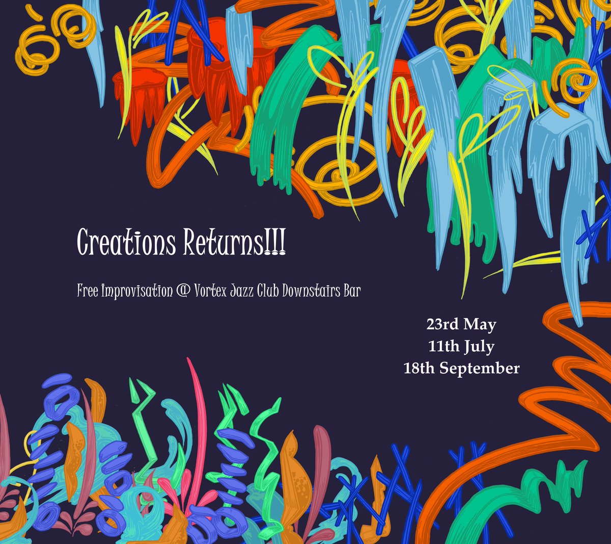 I used to run a Free Improv night called 'Creations' pre-pandemic, and I'm happy to announce its return @vortexjazz in May!!! Usually a set by invited artists and then a jam session of duo/3io/4tets More info soon 🎶🦚🎶❤️🎶