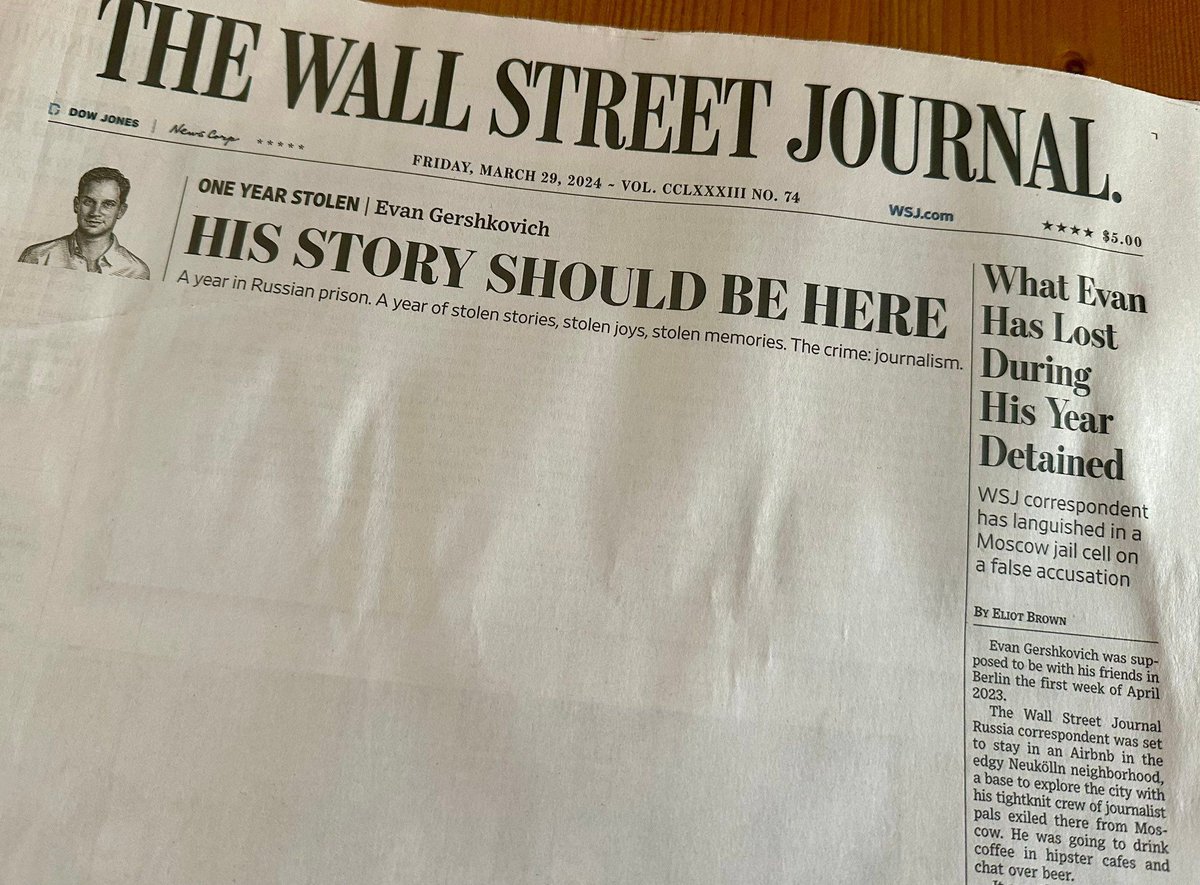 We stand w/ <a href="/WSJ/">The Wall Street Journal</a> reporter Evan Gershkovich. It's been 365 days since Russia wrongfully detained him for doing his job: a year of both personal loss &amp; essential reporting silenced. We join his family &amp; the journalism community in calling for his release.

#IStandWithEvan
#FreeEvan