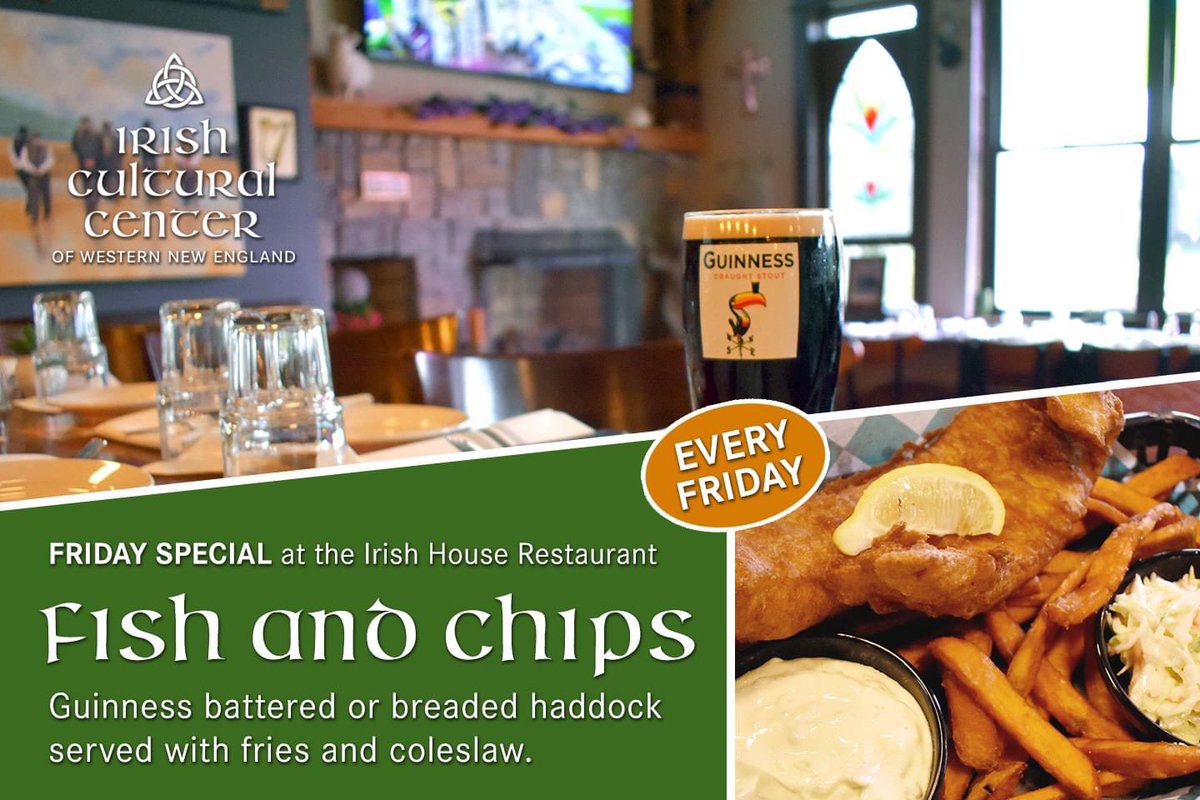 On Fridays, enjoy our customer favorite Fish and Chips at the Irish House Restaurant. Choose Guinness battered or breaded haddock served with fries and coleslaw. The pub is open 2:30–10 pm on Fridays (kitchen serves dinner 5–9 pm). #TGIF #FishFryFriday
