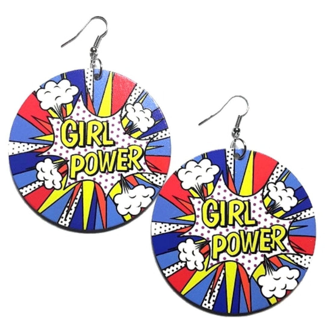 GIRL POWER Comic Blast Statement Dangle Wood Earrings tuppu.net/e5458288 #blackownedbusiness #Etsy #explore #fashionjewelry #melaninfashion #WoodEarrings