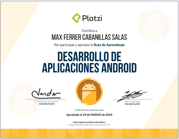 maxcabanillass's tweet photo. ¡Aprobé la Carrera de Desarrollo de Aplicaciones Android en @Platzi! #NuncaParesDeAprender https://t.co/dSD5XdsV3l https://t.co/RINHR8ftEq