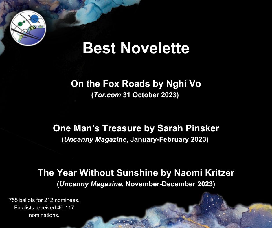 The Hugo Award Finalists for Best Novelette are:

I AM AI by 江艾 / Ai Jiang

“Introduction to 2181 Overture, Second Edition” /〈2181序曲〉再版导言, by 顾适 (Gu Shi) translated by Emily Jin

Ivy, Angelica, Bay by C.L. Polk

(1/2)
