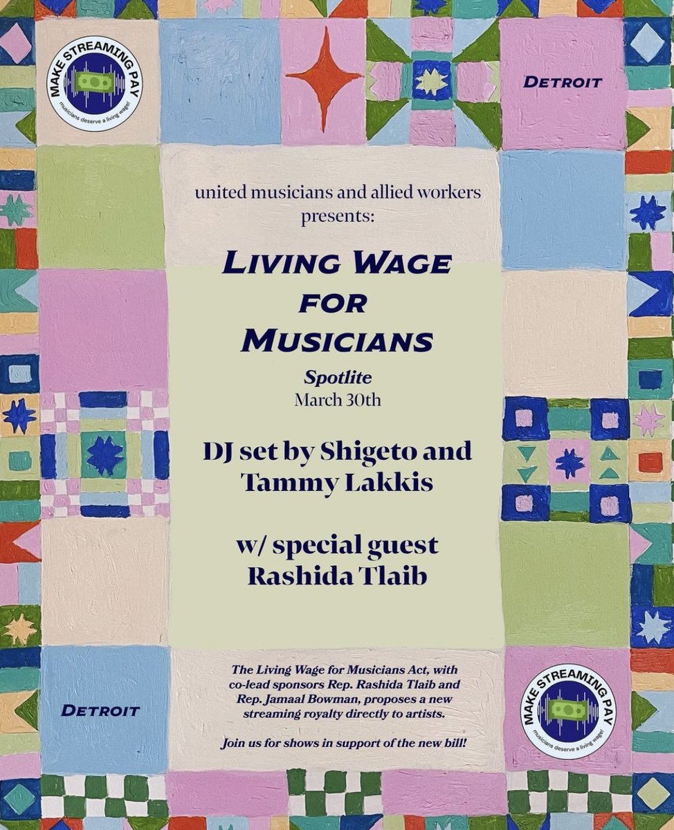Detroit, come out to Spot Lite tomorrow at 5pm to celebrate the Living Wage for Musicians Act, the new legislation to create a new streaming royalty. Music from @__SHIGETO and @TammyLakkis, and extremely special guest @RepRashida. RSVP at actionnetwork.org/events/rep-ras…
