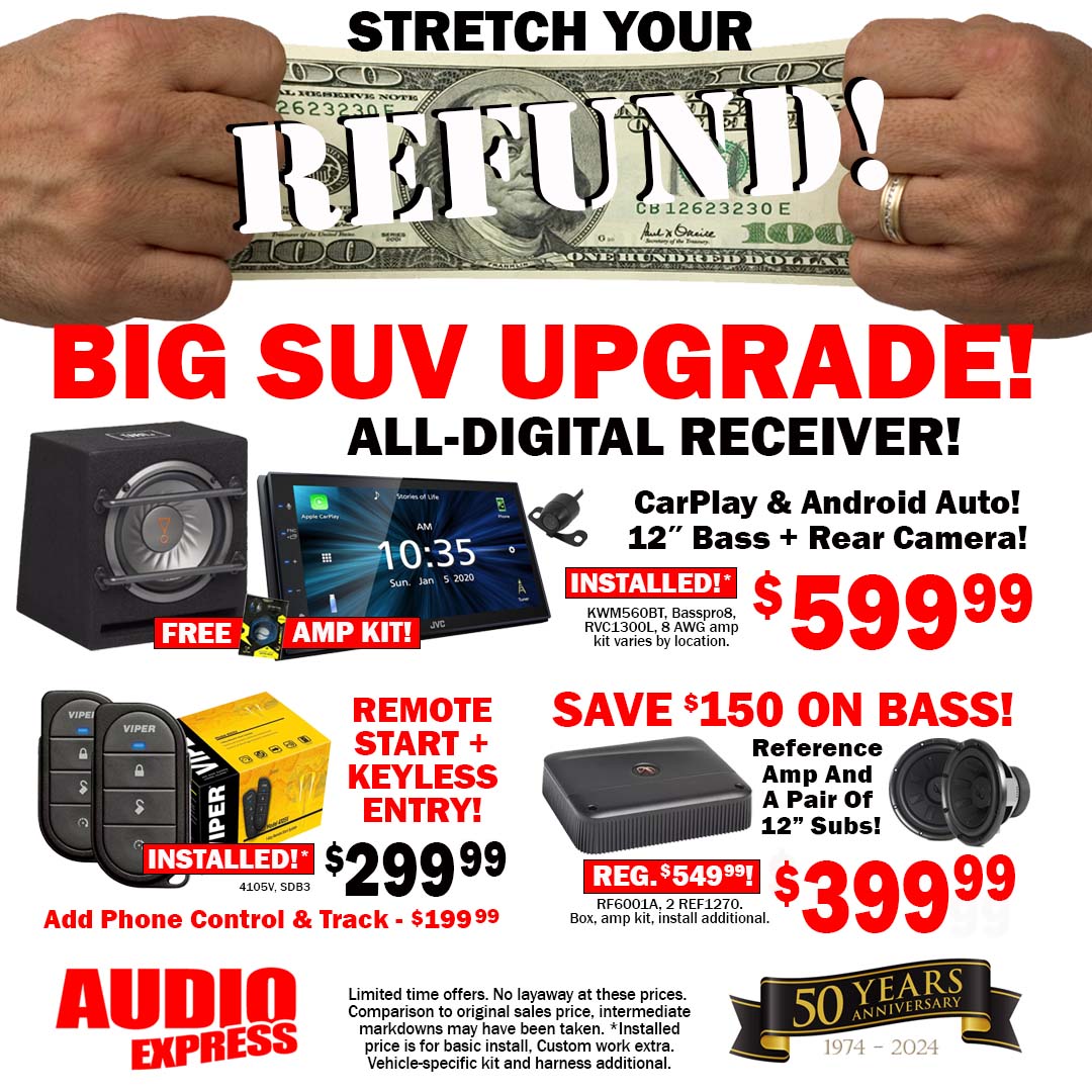 AudioExpress4's tweet photo. Upgrade your SUV's radio and sound with the JVC touchscreen that offers Android Auto and CarPlay when you connect via USB. With this special, we're including a reverse camera to help you see what's behind you. Also included with purchase is a single 8-inch self-powered 125-watt https://t.co/mA4s1IJlMq