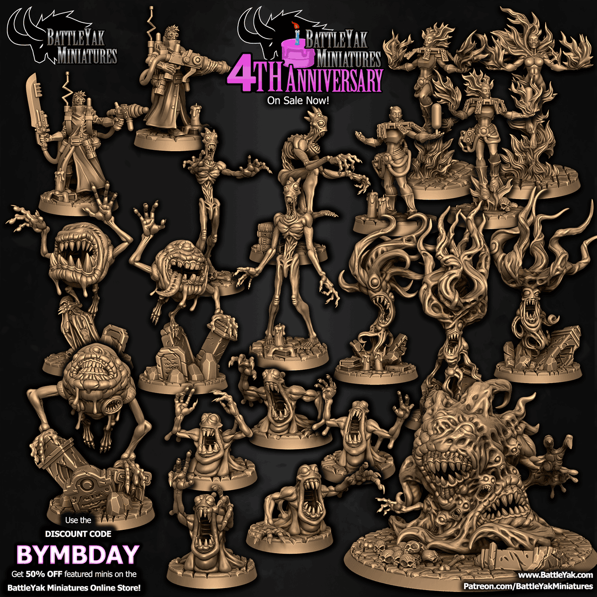 Battle Yak Miniatures turned 4 years old this March! Celebrate on the online store with the code BYMBDAY! battleyak.com #3dprinting #tabletopgaming #3Dsculpting #dnd #pathfinder #wargaming #ttrpg #eldritch #ghosts #miniatures
