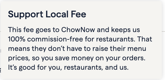 thekiyote's tweet photo. I actually okay with platform fees being shown to the user, instead of a hidden cost, but some of the explanations for it them are reaching ridiculous levels of mental gymnastics, as with this "Support Local Fee" https://t.co/pJtJzYemkD