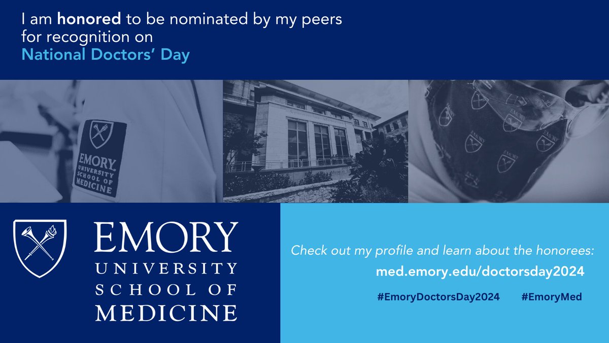 I am honored to be nominated by my peers for recognition on National Doctors' Day Check out my profile and learn about the honorees: med.emory.edu/doctorsday2024 @GradyHealth @EmoryatGrady #EmoryDoctorsDay2024 #EmoryMed.