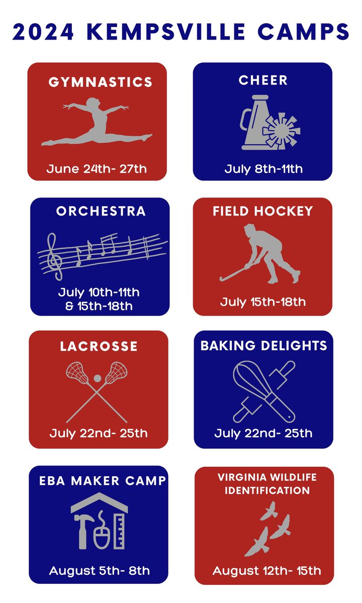 We are once again excited to host our summer Kempsville Camps program! The various camp offerings can be found below. Visit sites.google.com/vbschools.com/… for more information including the links to pay and register. #chiefKHSpride