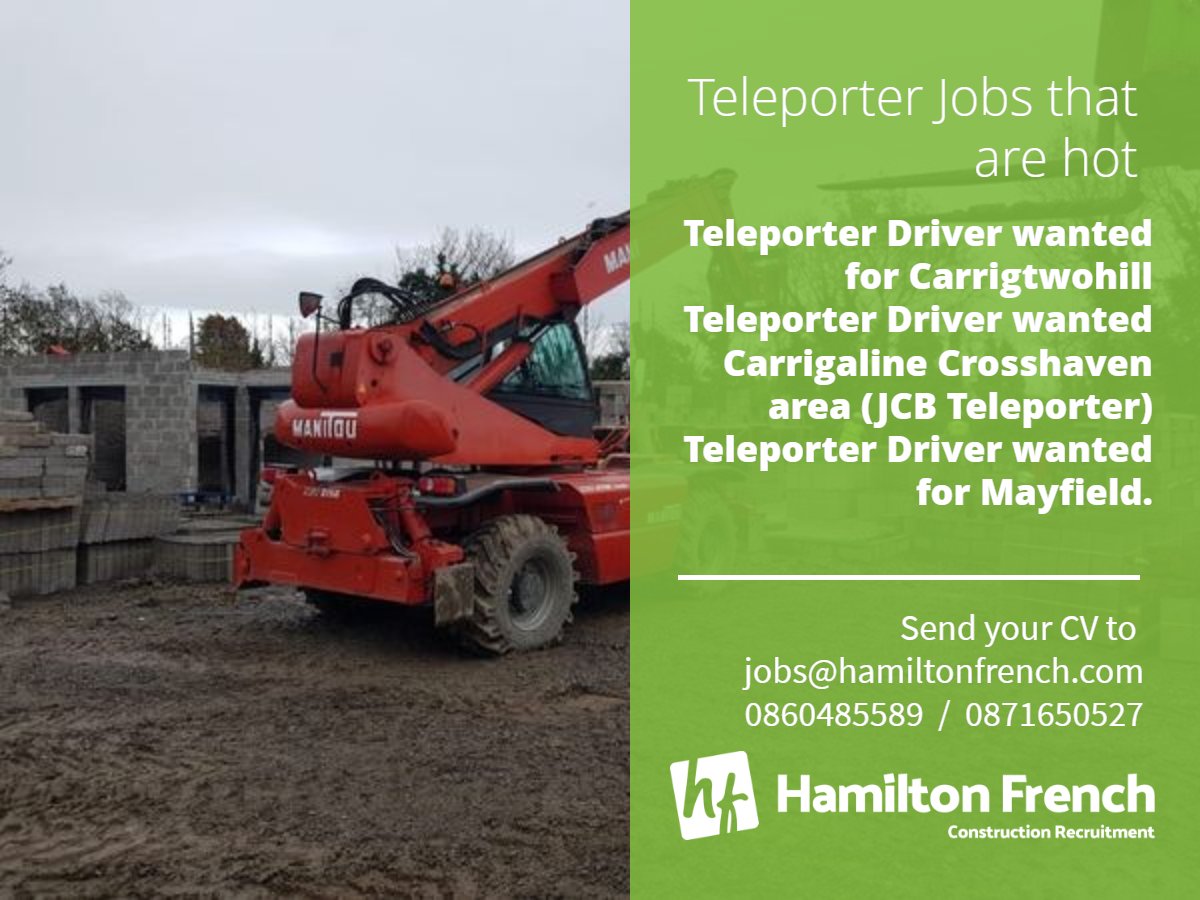 We are looking for teleporter drivers straight away for numerous jobs around Cork.

#teleporterdriver #constructionjobs #Cork #corkcounty #corkGAA #jobfairycork