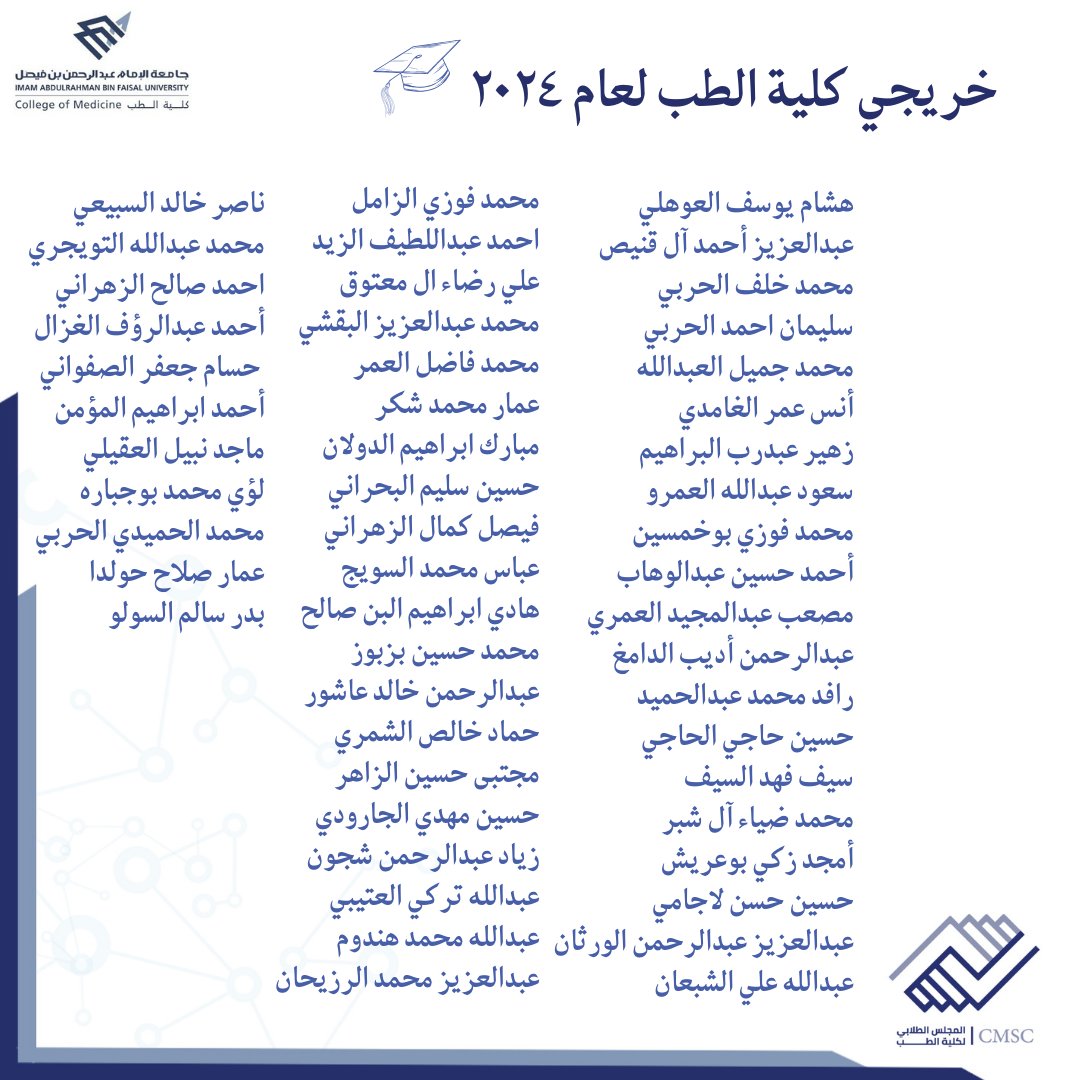 CMSC_IAU's tweet image. يبارك المجلس الطلابي لأطباء وطبيبات دفعة ٢١٩✨والمتوقع تخرجهم من كلية الطب لعام ٢٠٢٤، سائلين المولى عزّ وجل بأن ينفعكم فيما علمكم ويبارك لكم في مستقبلكم. 

  نفخر بمثلكم وذويكم!