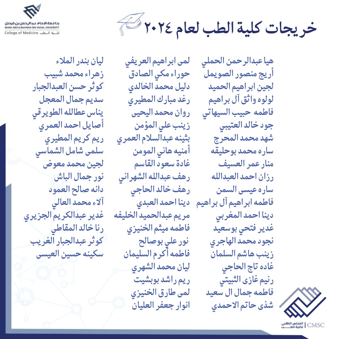 CMSC_IAU's tweet image. يبارك المجلس الطلابي لأطباء وطبيبات دفعة ٢١٩✨والمتوقع تخرجهم من كلية الطب لعام ٢٠٢٤، سائلين المولى عزّ وجل بأن ينفعكم فيما علمكم ويبارك لكم في مستقبلكم. 

  نفخر بمثلكم وذويكم!