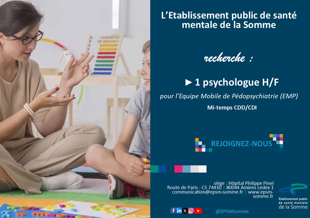 EPSMSomme's tweet image. 📣[#recrutement]
L&apos; Etablissement public de santé mentale de la Somme recherche 1 Psychologue pour son équipe mobile en pédopsychiatrie.
Envie de nous rejoindre ? 😊
N&apos;hésitez pas à postuler directement sur notre site internet :
➡️ epsm-somme.fr/.../recrutemen…