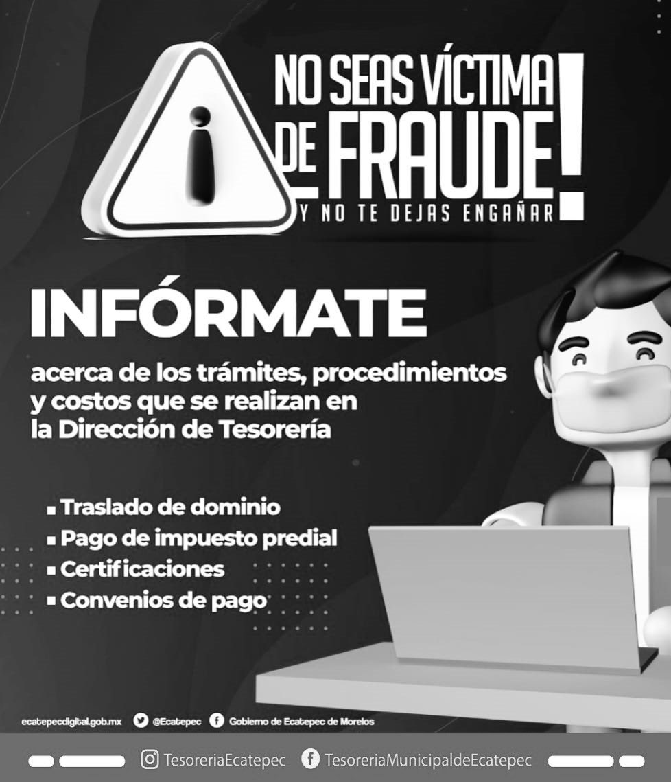 TMEcatepec's tweet photo. Acude al H. Ayuntamiento y tramita, certifica o realiza tu pago para con cualquiera de los servicios que la Tesorería municipal pone a tu disposición. Recuerda que el personal esta debidamente identificado, ¡No te dejes engañar! 🪪🔎 https://t.co/6MdEZMT5HI