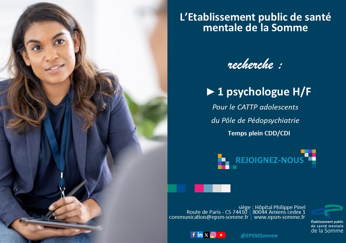 EPSMSomme's tweet image. 📣[#recrutement]
L&apos; Etablissement public de santé mentale de la Somme recherche 1 Psychologue pour le CATTP pour ados.

Envie de nous rejoindre ? 😊
N&apos;hésitez pas à postuler directement sur notre site internet :
➡️ epsm-somme.fr/.../recrutemen…

#emploi #psychologue #travailleraamiens