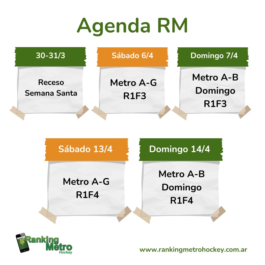 🗓 #AgendaRM 🏑 

30/3 Receso Semana Santa  

6/4 Metro A-G R1F3 
7/4 Metro A-B Domingo R1F3 

13/4 Metro A-G R1F4 
14/4 Metro A-B Domingo R1F4 

#Metro #Hockey #hockeyargentina #hockeyfield #calendario #agenda #agendaRM #InfoRM